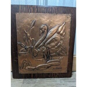 Swan Picture Vintage Copper OverlayWooden Plaque 12x10" Art Folk